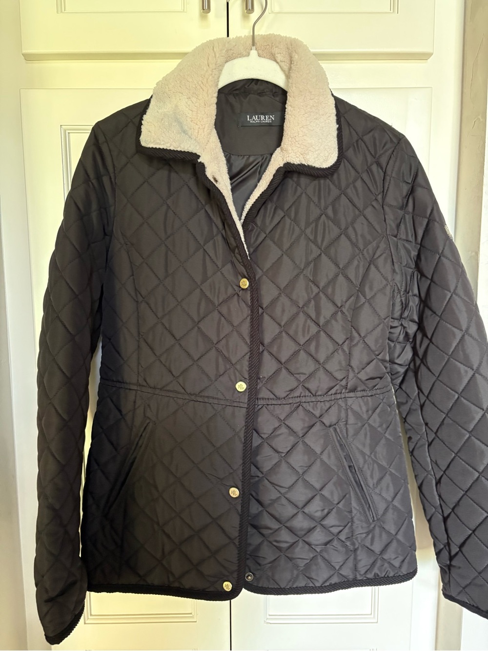 Ralph Lauren Black Quilted Utility Jacket with Cream Sherpa Collar